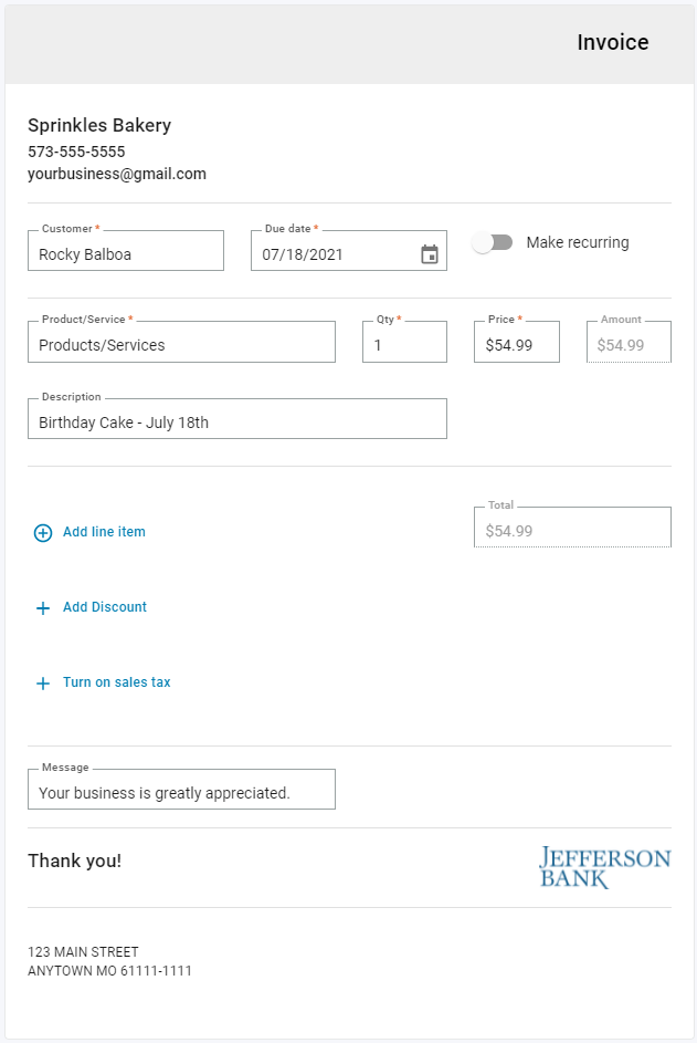 Autobooks example invoice for Sprinkles Bakery