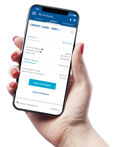 hand holding mobile phone with jefferson bank mobile app showing credit card balance information